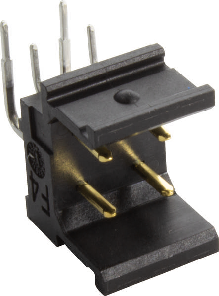 Schwarzer elektronischer Steckverbinder mit goldenen Stiften und vier silbernen Kontaktzungen an der Oberseite.