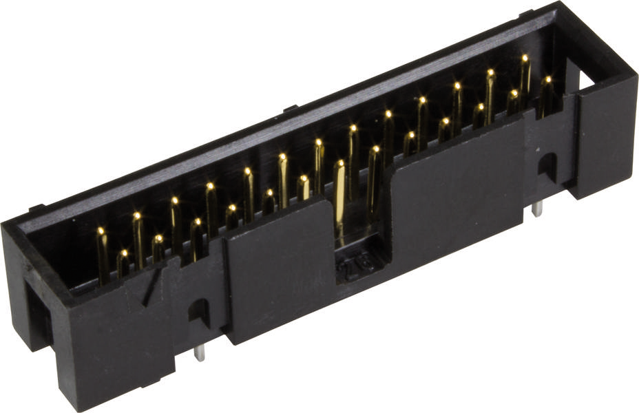 Schwarzer elektrischer Steckverbinder mit 34 goldenen Pins, verwendet für den Anschluss elektronischer Geräte.