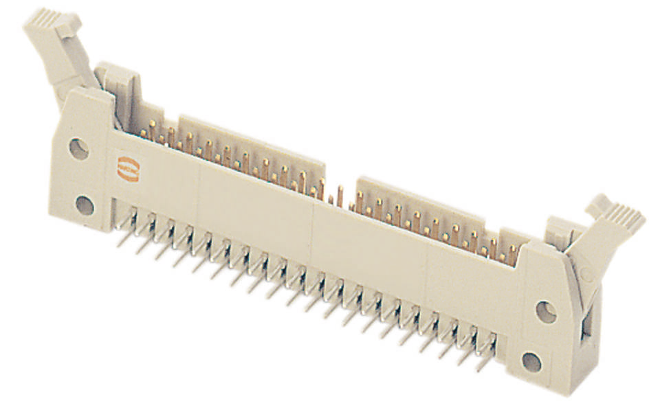 Ein weißer elektronischer Steckverbinder mit mehreren Metallpins, geeignet zum Verbinden von Leiterplatten in elektronischen Geräten.