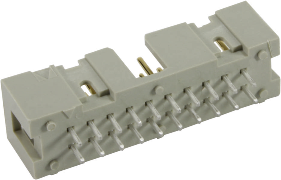 Ein grauer Stecker mit mehreren Metallstiften für die Platinenverbindung, geeignet für elektronische Komponenten.
