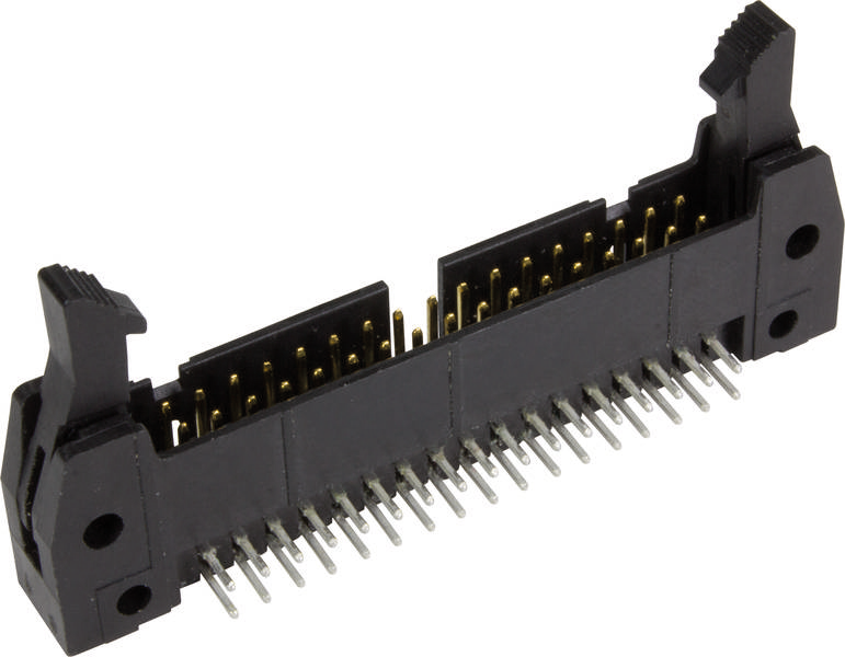 Ein schwarzer Steckverbinder mit silbernen Pins und Clips an den Seiten, geeignet für elektronische Geräteverbindungen.