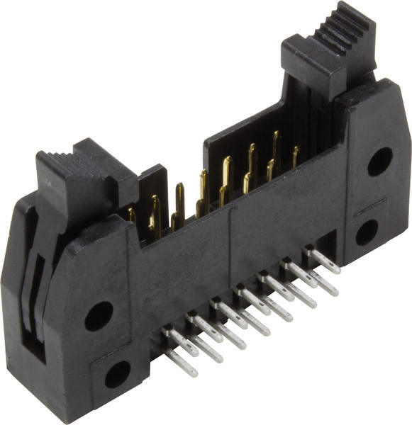 Ein schwarzer Steckverbinder mit goldenen und silbernen Anschlüssen, geeignet für elektronische Verbindungen oder Geräte.