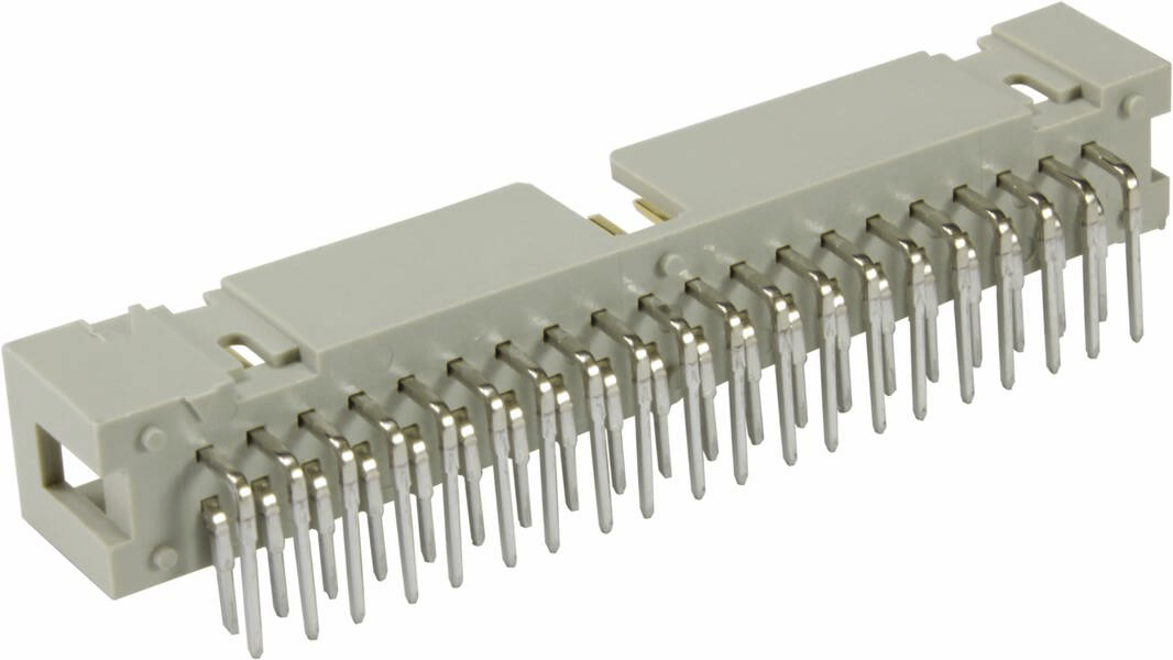 Ein grauer Stecker mit mehreren Metallstiften zur Verbindung elektronischer Komponenten.