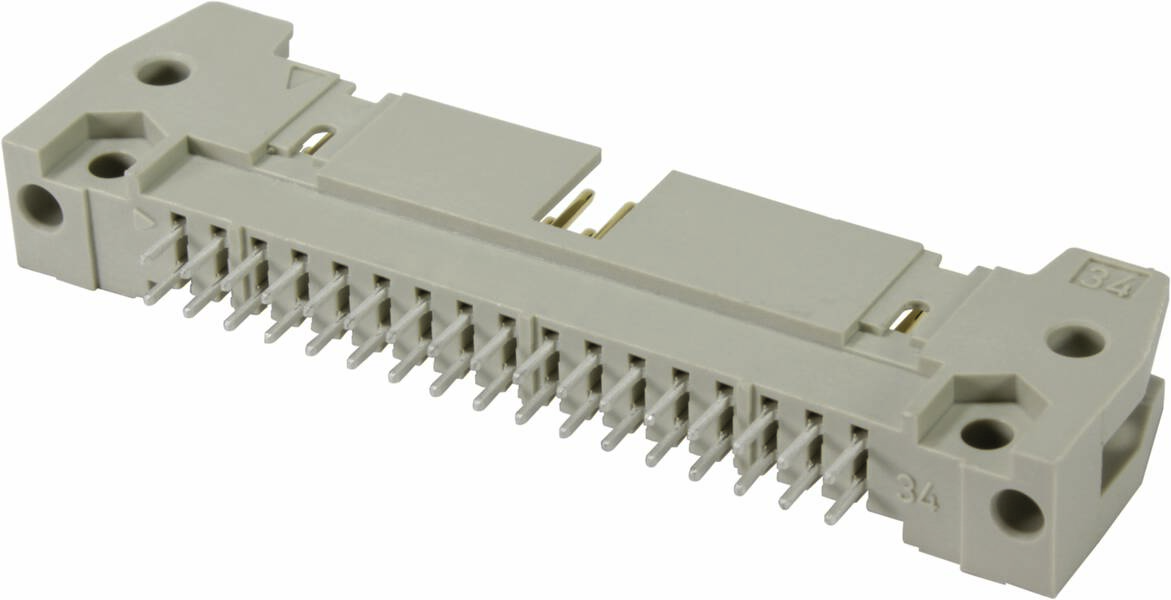 Elektrischer Steckverbinder mit mehreren Metallpins, rechteckige graue Kunststoffhülle, für industrielle oder elektrotechnische Anwendungen.