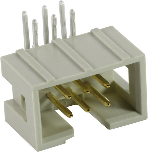 Ein rechteckiger, grauer elektrischer Stecker mit fünf Metallpins oben und vier goldenen Kontakten innen.