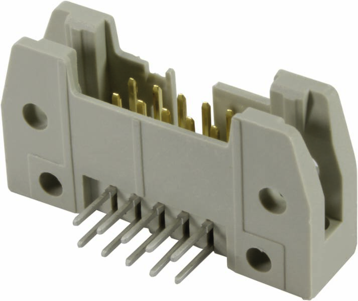 Elektrischer Steckverbinder mit Kunststoffgehäuse, seitlicher Ansicht. Goldene Pins sind sichtbar, ermöglichen elektrische Verbindungen.
