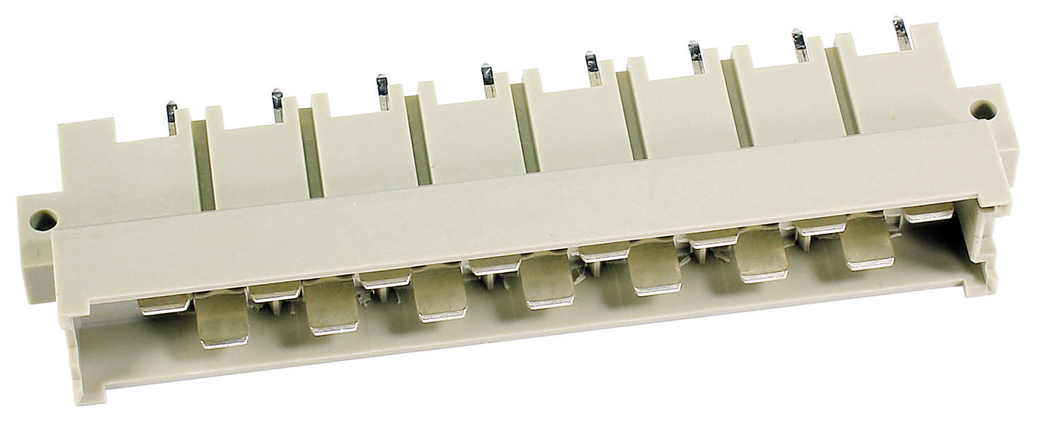 Ein weißer, rechteckiger Steckverbinder mit mehreren Metallschlitzen, geeignet für elektronische Anwendungen.