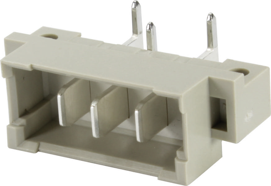 Ein grauer Kunststoff-Stecker mit drei metallischen Stiften sichtbar, geeignet für elektronische Verbindungen.