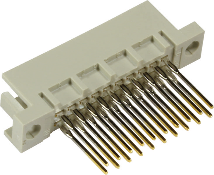 Ein weißer, rechteckiger elektrischer Steckverbinder mit 14 goldenen Pins, die in zwei Reihen angeordnet sind.