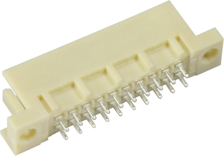 Steckverbinder mit 16 metallischen Pins auf einer weißen Basis.