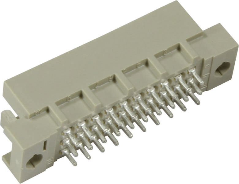 Ein grauer, rechteckiger elektronischer Anschluss mit mehreren Metallpins, die zum Verbinden von Geräten verwendet werden können.