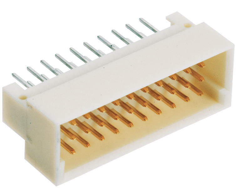 Ein weißer elektrischer Steckverbinder mit mehreren goldenen Kontakten und silbernen Pins, die aus der Rückseite herausragen.
