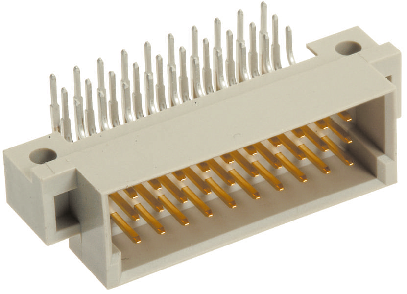 Ein elektronischer Steckverbinder mit mehreren goldfarbenen Pins und einem weißen Gehäuse.