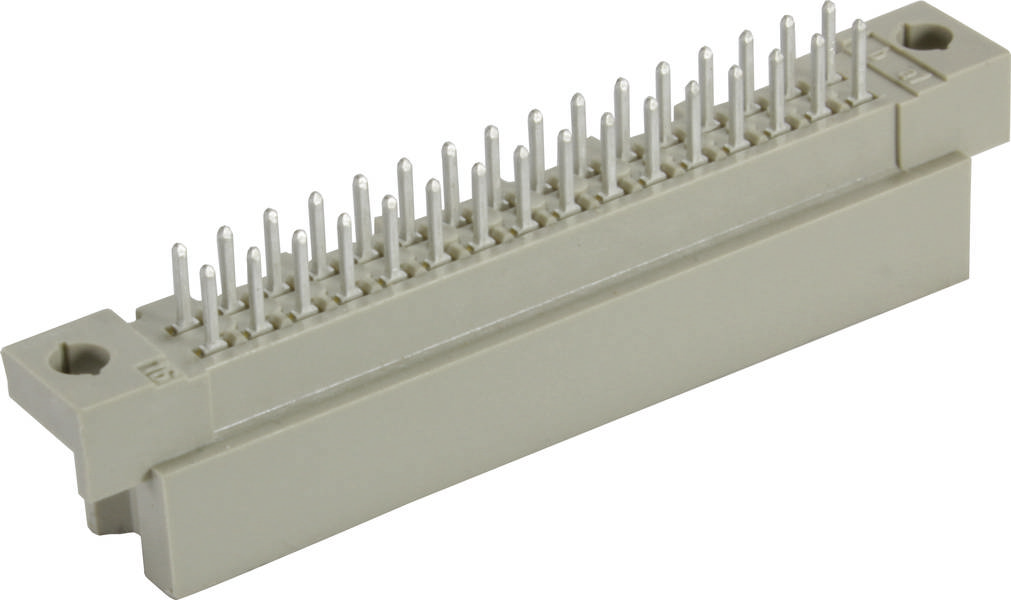 Ein grauer Steckverbinder mit zwei Reihen von Metallstiften, die zur elektrischen Verbindung von Leiterplatten verwendet werden.