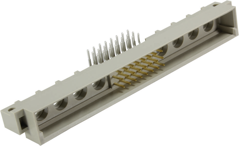 Ein rechteckiger Steckverbinder mit mehreren Metallstiften und Löchern, geeignet für elektronische Schaltungen und Geräte.