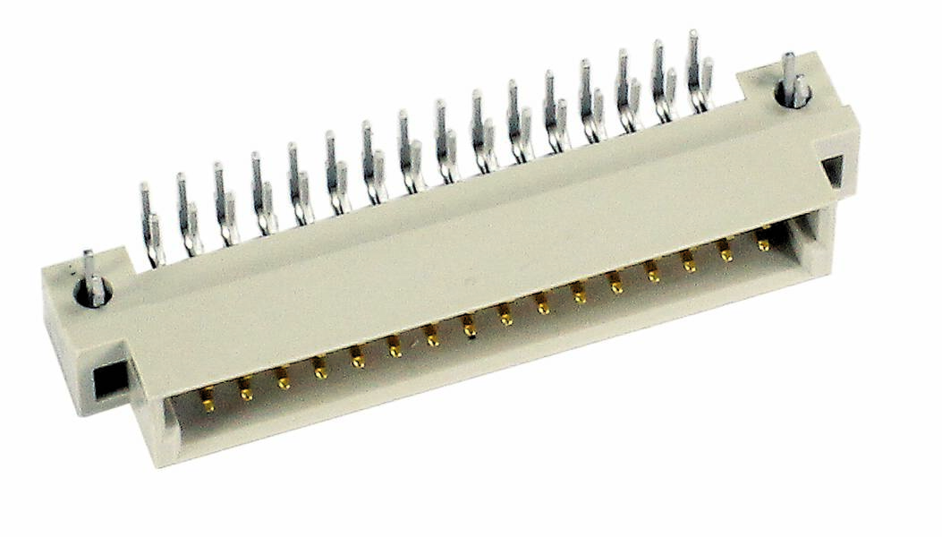 Ein weißer, rechteckiger elektronischer Steckverbinder mit mehreren Metallstiften oben. Typischerweise für Leiterplatten.