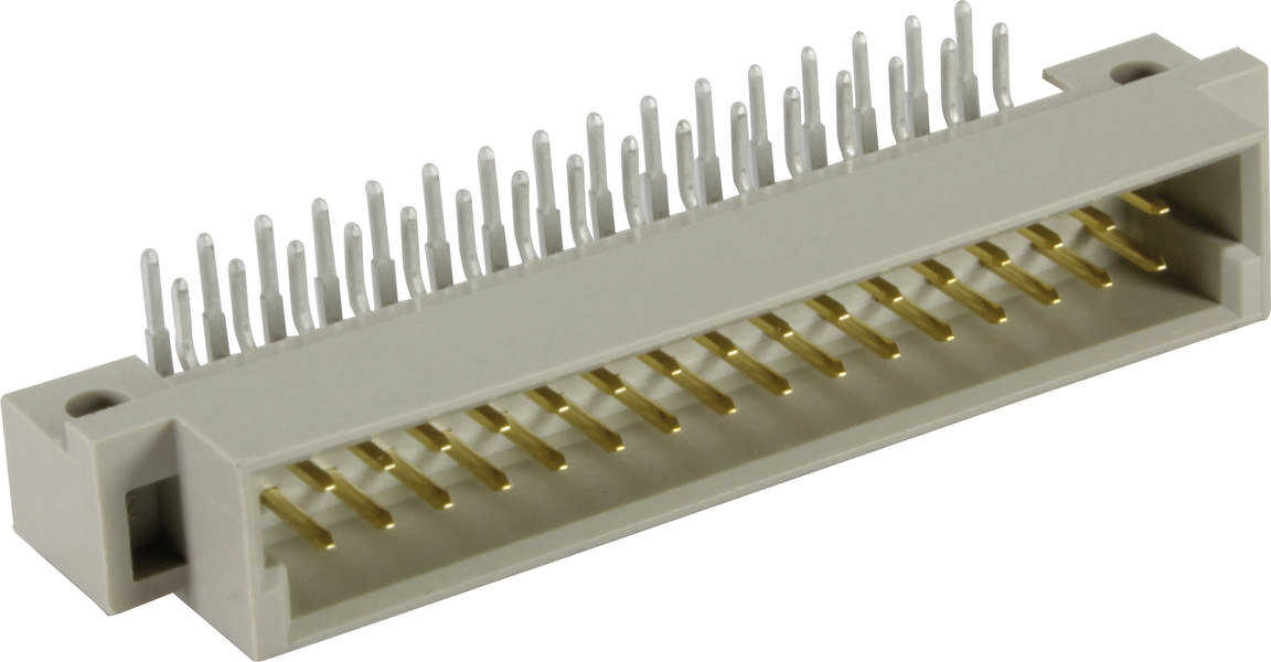 Ein rechteckiger Steckverbinder mit goldenen Pins und weißen Kunststoffgehäuse, typischerweise verwendet in elektronischen Geräten.