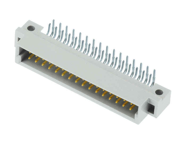 Ein grauer Steckverbinder mit mehreren Metallstiften, vermutlich für elektronische Anwendungen.