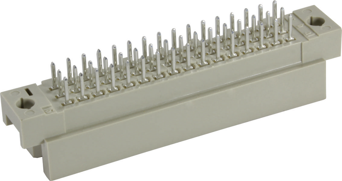 Ein grauer elektronischer Stecker mit mehreren Metallpins, die in einer Reihe angeordnet sind, auf einem weißen Hintergrund.