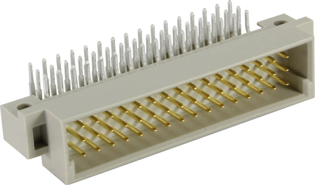 Ein weißer elektrischer Steckverbinder mit goldfarbenen Pins und silbernen Kontakten.