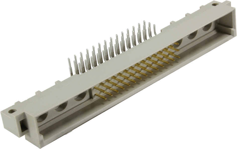Ein länglicher, grauer Steckverbinder mit mehreren Pins in Reihen. Hauptsächlich verwendet in elektronischen Geräten zur Verbindung.