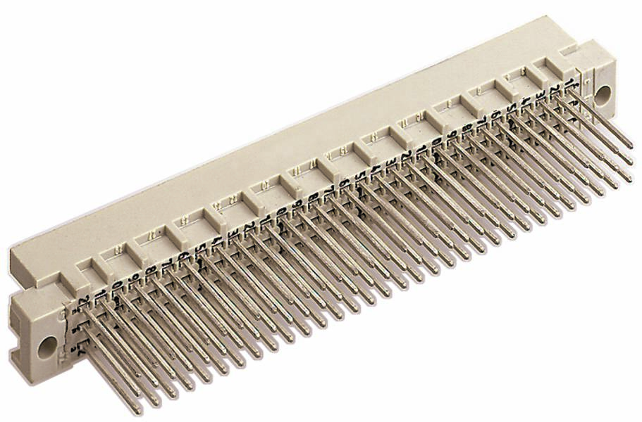 Ein grau-beiger elektrischer Steckverbinder mit zahlreichen Metallstiften, die für Leiterplattenverbindungen verwendet werden.