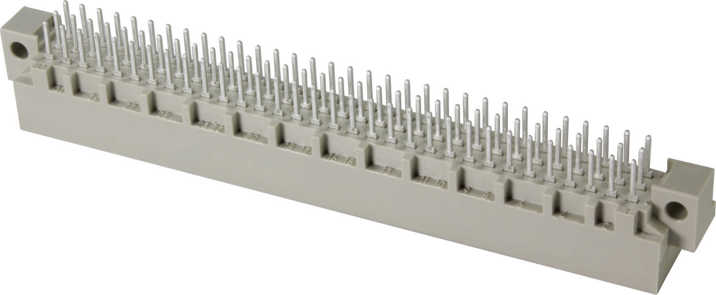 Ein grauer, rechteckiger Steckverbinder mit vielen metallischen Pins, die aus der Oberseite ragen. Geeignet für elektronische Verbindungen.
