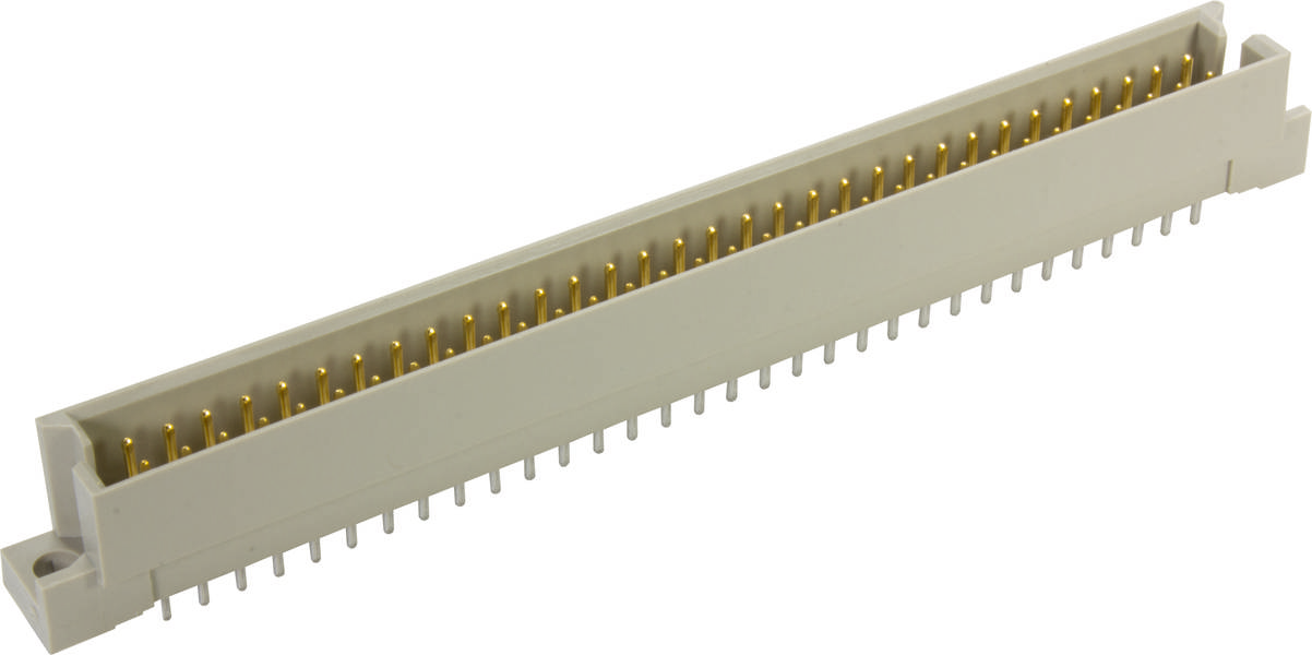 Lange, weiße Leiterplattenbuchse mit vielen goldenen Kontaktstiften, die für elektronische Verbindungen verwendet wird.