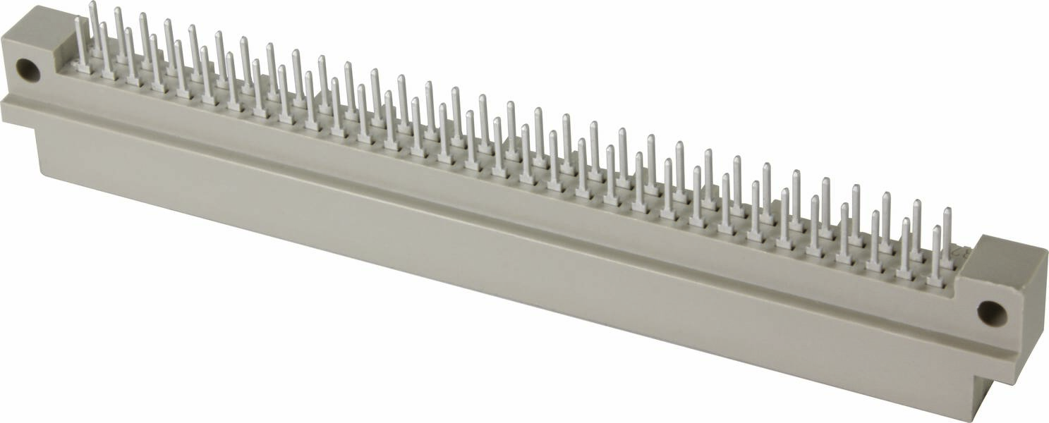Länglicher, grauer elektrischer Stecker mit mehreren metallischen Pins in zwei Reihen angeordnet, verwendet für elektronische Verbindungen.