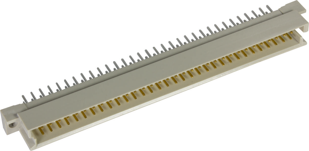 Ein weißer elektrischer Steckverbinder mit vielen Metallpins, horizontal ausgerichtet.