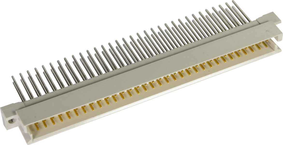 Ein weißer und gelber Steckverbinder mit vielen Metallstiften, der in elektronischen Geräten zur Verbindung von Komponenten verwendet wird.