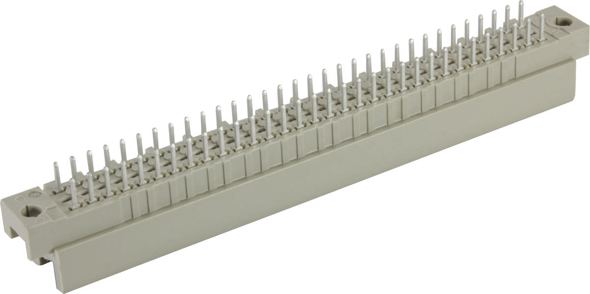 Ein beige Steckverbinder mit vielen Pins, typisch für elektronische Geräte, horizontal ausgerichtet auf weißem Hintergrund.
