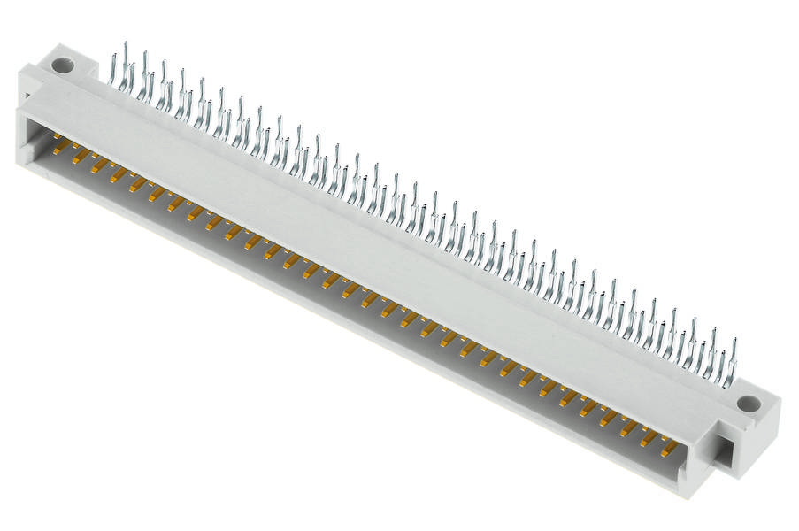 Ein grauer, länglicher Steckverbinder mit vielen Metallstiften auf einer Seite, geeignet für elektronische Baugruppenmontage.