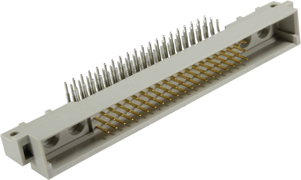 Ein rechteckiger grauer Steckverbinder mit zahlreichen Metallstiften, die aus einer Seite herausragen, liegt auf weißem Hintergrund.