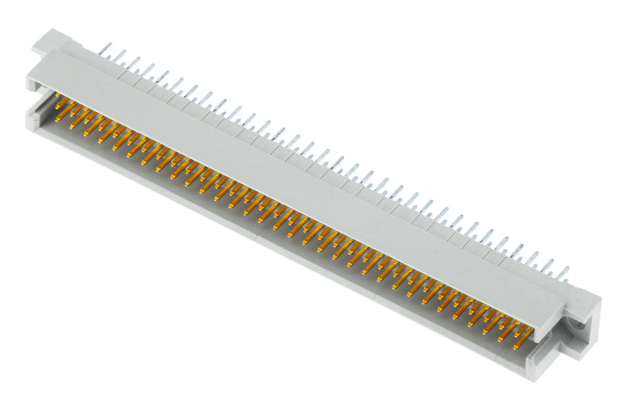 Ein grauer Steckverbinder mit zahlreichen goldfarbenen Kontaktstiften, horizontal ausgerichtet und für elektronische Verbindungen genutzt.
