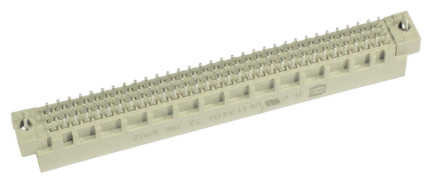 Ein rechteckiger, grauer elektrischer Steckverbinder mit vielen Metallpins auf der Oberseite; dient zum Verbinden von Schaltkreisen.