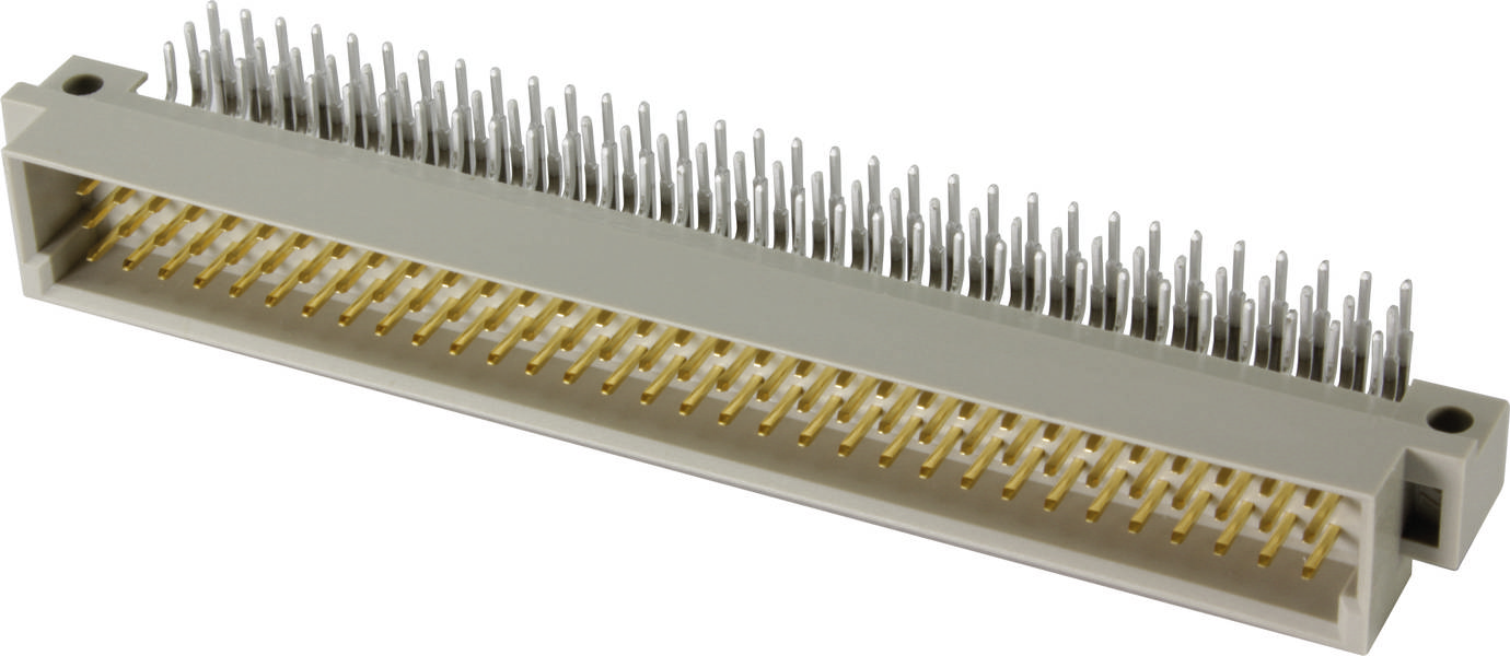 Ein elektrischer Steckverbinder mit vielen Metallpins in zwei Reihen, geeignet für elektronische Geräte und Platinenverbindungen.