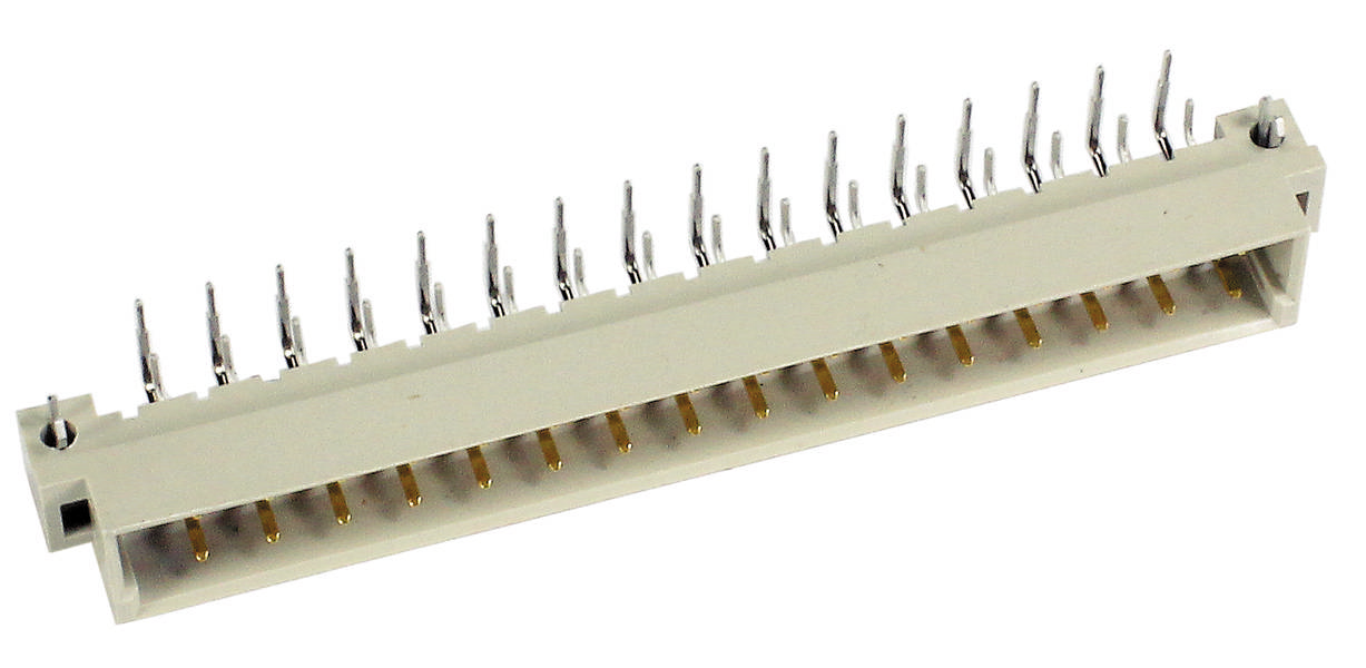 Ein weißer elektronischer Steckverbinder mit mehreren Metallstiften, ausgelegt für den Einsatz in Leiterplatten.