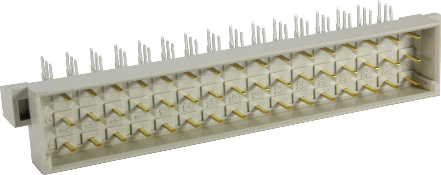 Ein grauer elektronischer Steckverbinder mit mehreren Reihen von Metallstiften, geeignet für eine Leiterplatte.