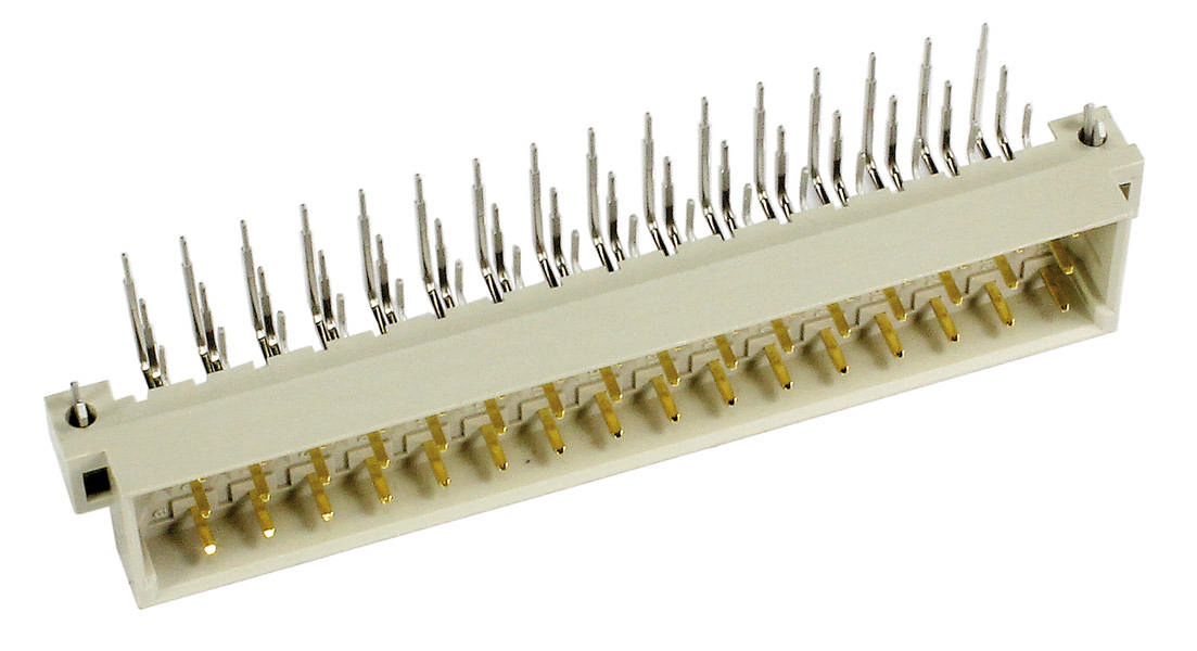Eine weiße Stiftleiste mit goldenen und silbernen Pins, verwendet für elektronische Steckverbindungen in Geräten.