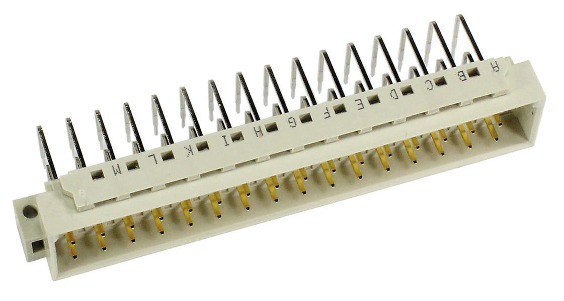Steckverbinder mit 30 Metallstiften, nummeriert von A bis N. Wird für elektronische Verbindungen in Leiterplatten verwendet.
