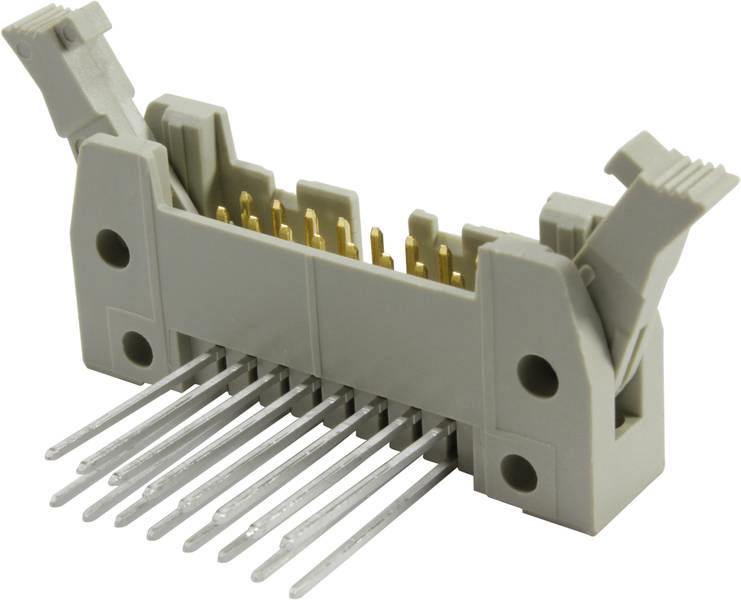 Ein grauer, mehrpoliger Stecker mit Metallstiften und zwei erhabenen Klemmen zum Einrasten, geeignet für elektrische Verbindungen.