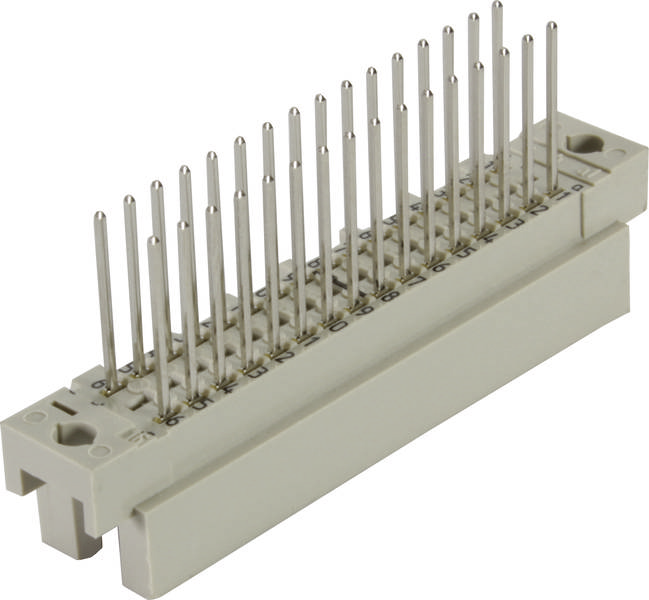 Steckverbinder mit mehreren Metallstiften, geeignet für elektronische Anwendungen. Beige Kunststoffbasis mit 34 Pins in zwei Reihen.
