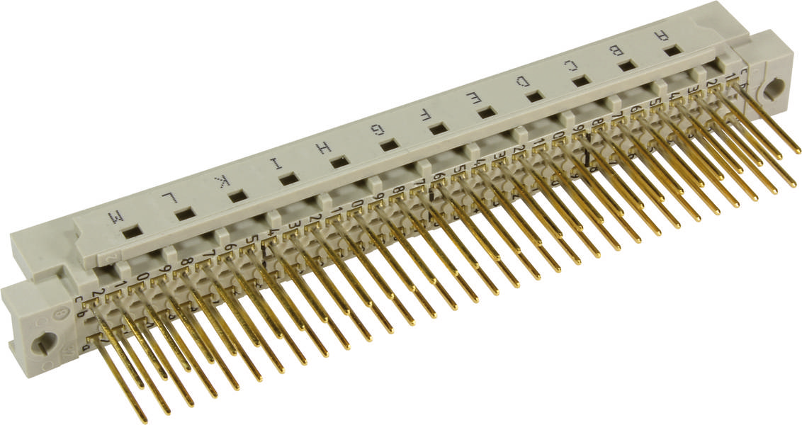 Ein 32-poliger Stecker mit Buchstaben und Nummern beschriftet. Er hat goldene Kontakte und wird in elektronischen Geräten verwendet.