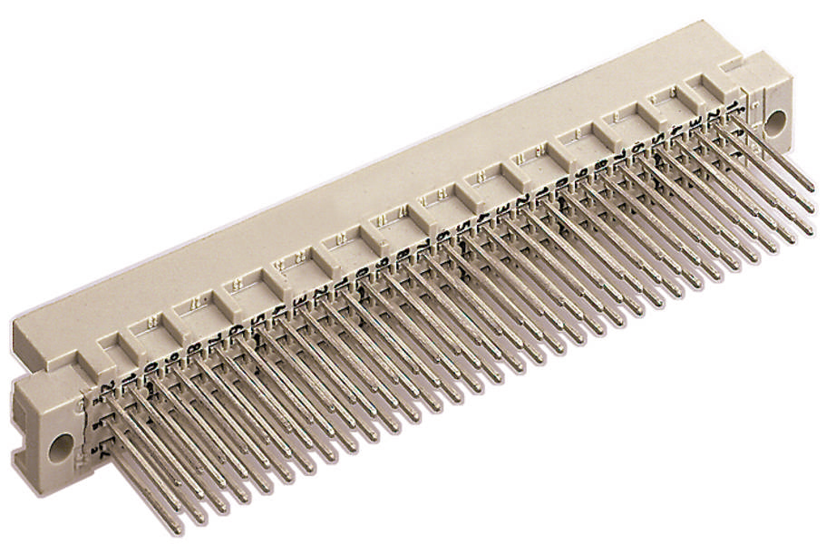 Ein rechteckiger, weißer elektrischer Steckverbinder mit vielen Metallstiften, der zur Verbindung von elektronischen Komponenten dient.