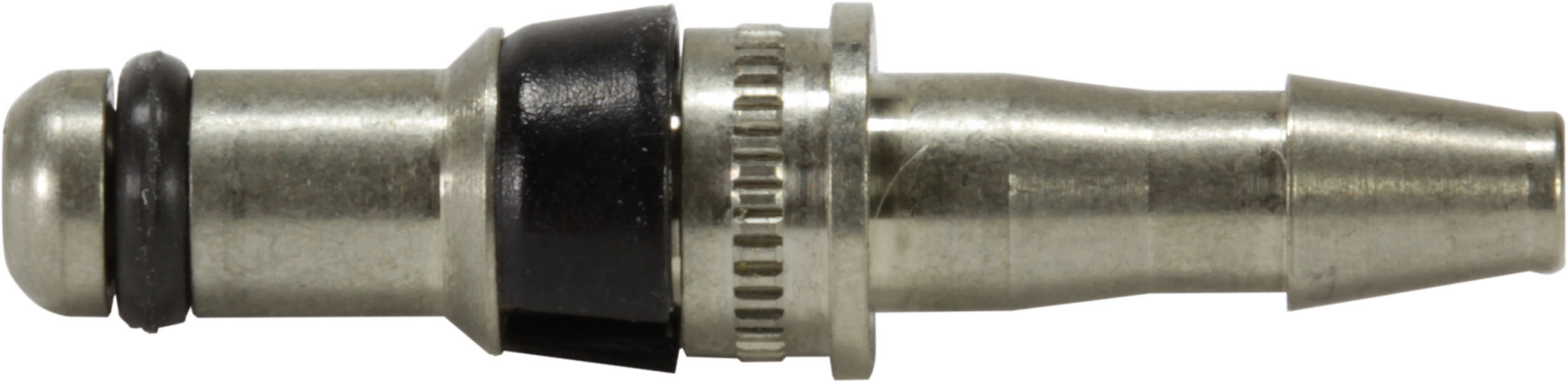 Metallstecker mit schwarzem Ring und geriffeltem Abschnitt in der Mitte, möglicherweise Teil eines Druckluftsystems.