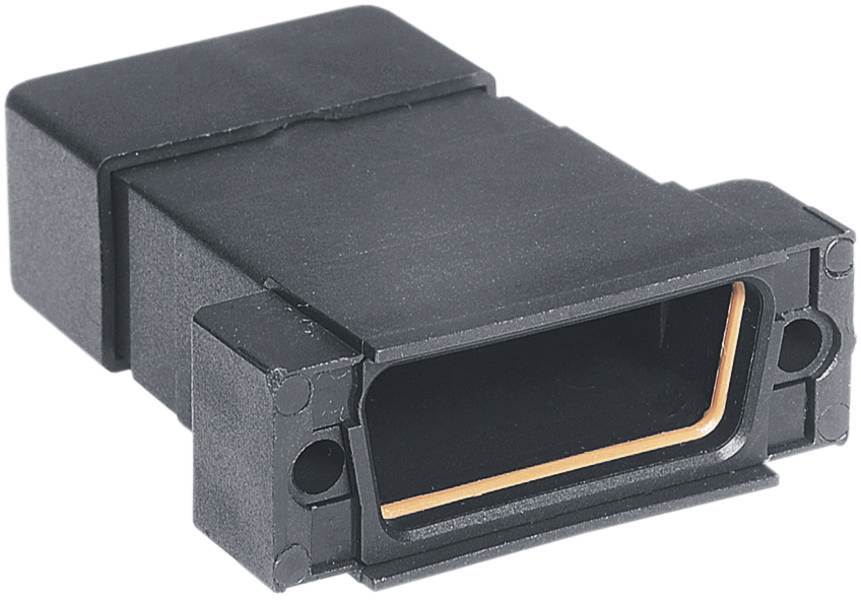 Ein rechteckiger, schwarzer Kunststoff-Stecker mit einer breiten Öffnung und kleinen Befestigungslöchern an den Seiten.