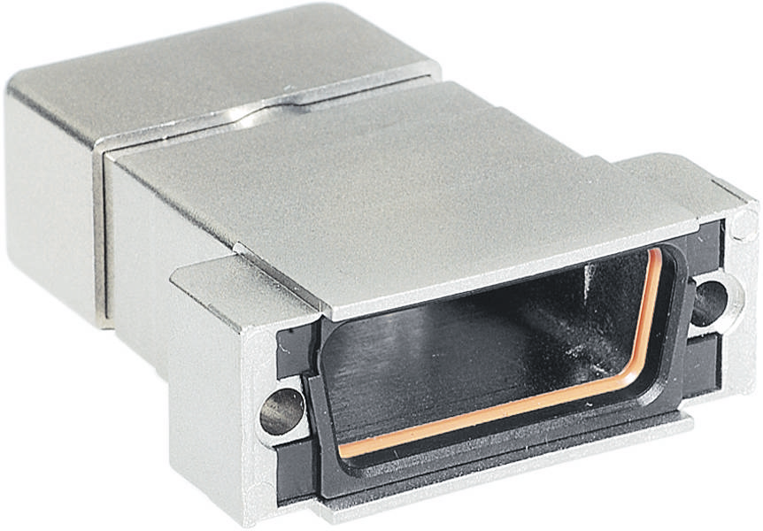 Ein Metallstecker mit rechteckiger Öffnung und zwei Schraubenlöchern an den Seiten, typisch für elektronische Anschlüsse.