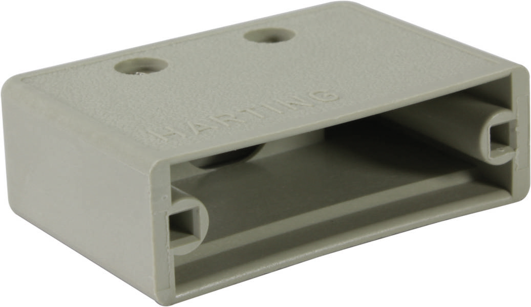 Rechteckiges, graues Gehäuse mit zwei Löchern auf der Oberseite und eingeprägtem Schriftzug.