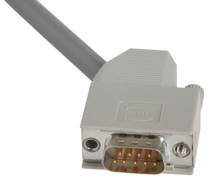 Serieller DB-9-Stecker mit grauem Kabel, oft verwendet für ältere Computerverbindungen.